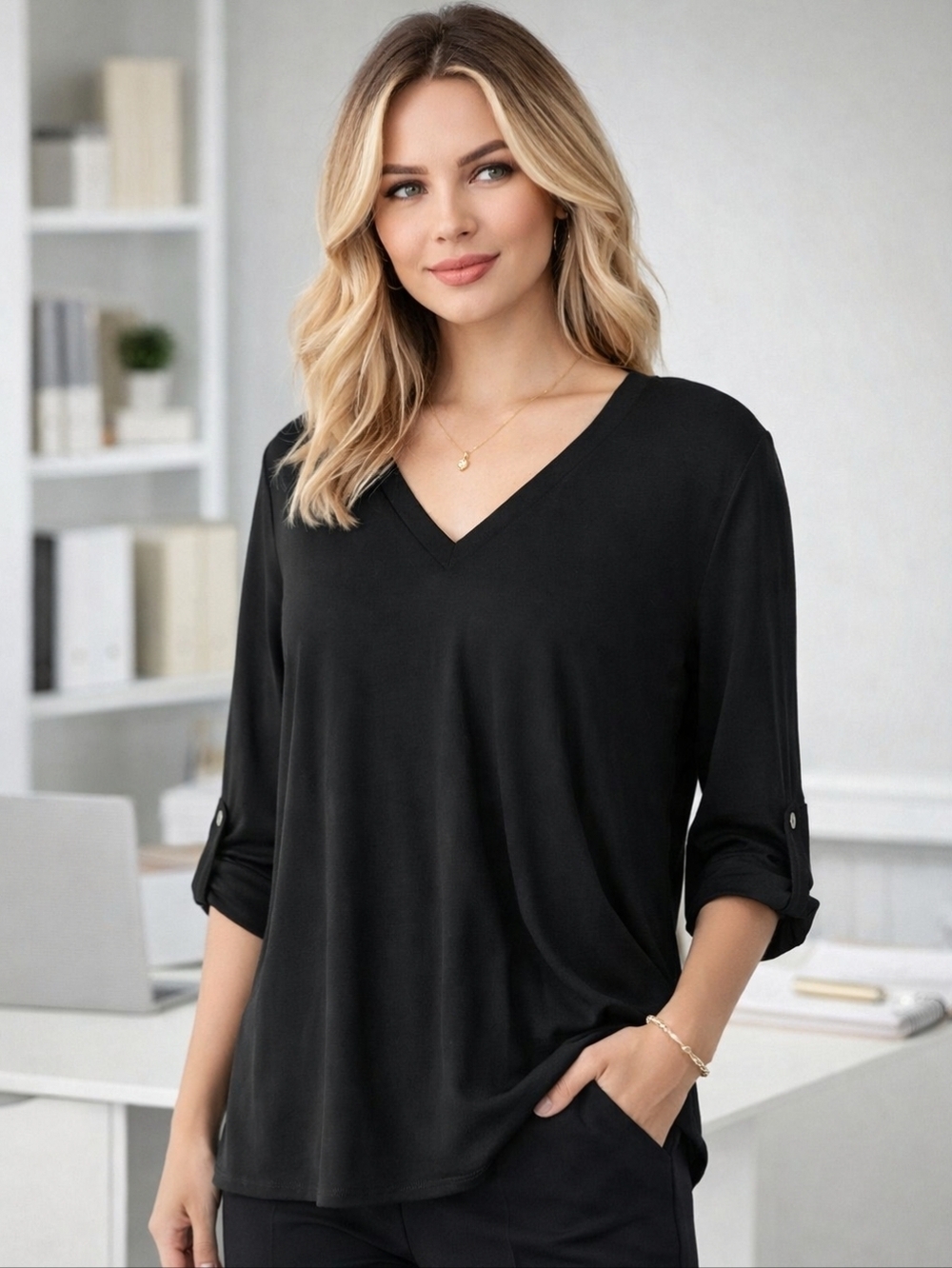LE CHATEAU Black V-Neck Blouse XXL NWT Draped Top